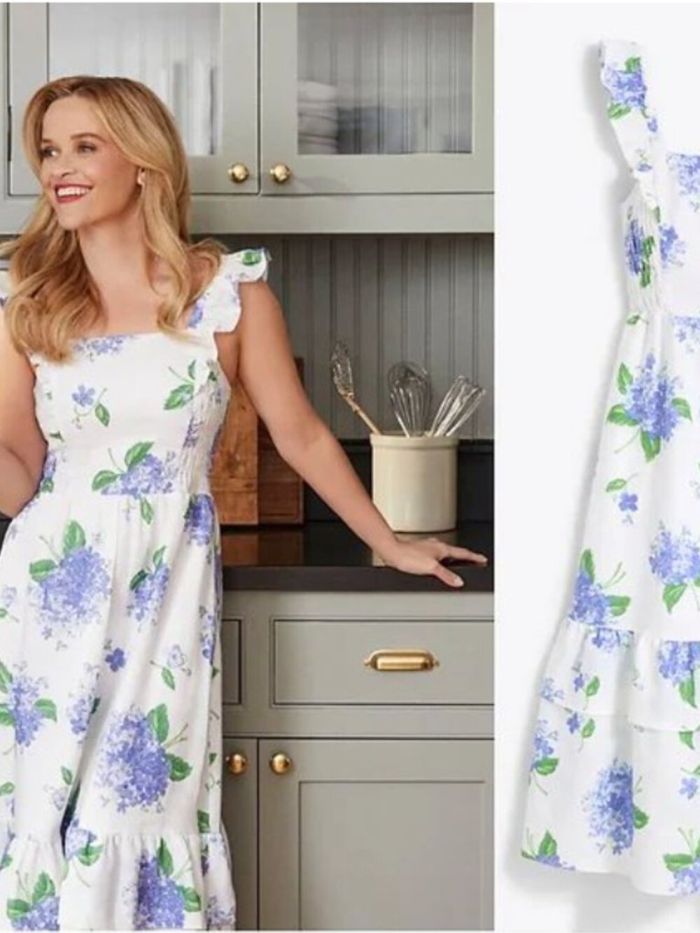 White Floral Ruffled Midi Dress with Blue Hydrangea Print - Picture 1 of 4